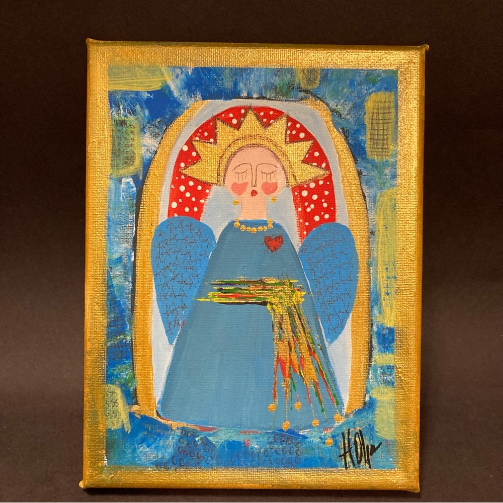 Original Stretched Canvas Painting Sacred Heart Guardian Angel - signed
